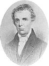 An oval portrait of a friendly looking man with a high forehead looking towards the viewer. His head and shoulders are visible, and his shoulders are turned slightly to the left. His hair is loosely combed, and he is wearing an old-fashioned coat and waistcoat. His shirt is white, with a loose collar and a white stock or cravat.