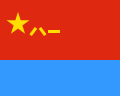 A golden star, along with three Chinese characters, placed on a red background. At the bottom of a flag is a sky blue bar.