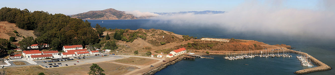 Fort Baker, Angel Island and the fog over San Francisco Bay.