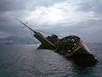 Wreck of Queen Elizabeth in Victoria Harbour, Hong Kong in 1972.
