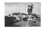 A hillside strewn with naked corpses. A man carries another body about to be added to the pile.
