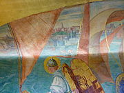 Children and angels in boat against backdrop of sails of boats