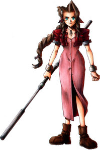 Drawing of a brown-haired girl with green eyes holding a large staff. She wears silver bracelets, brown boots and a shin-length pink dress that buttons up with the front with a red bolero jacket.