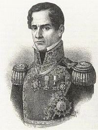 Lithograph depicting head and shoulders of a middle-aged, clean-shaven man wearing a military uniform.