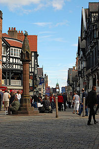 Chester High Cross standing at the junction of streets known as Chester Cross