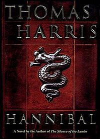 Artwork of a vertical, rectangular box. The text and illustration look like they were chiseled out of silver. The background consist of red tiles shaded with different levels of black. On top, there is the author's name, Thomas Harris. Below, in the middle, there is the illustration of a dragon eating a man, styled as an ancient bas-relief. On the bottom, there is the title, Hannibal. Below the title there is a sentence that says, "A Novel by the Author of The Silence of the Lambs".