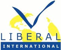 Logo of a blue bird drawn as an arching "V" flying over the world, with "Liberal International" seen at the bottom.