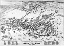 Black-and-white illustration of Vancouver. Large ships fill the harbor in the south; the town, filling the center of the map, is bounded by trees on the left and top sides. Bridges span the middle-top body of water.