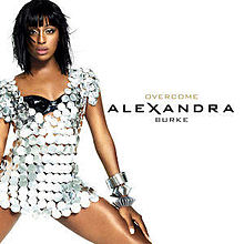 Image showing a young woman wearing a short silver dress on white background. The words "Alexandra Burke" and "Overcome" are written to the right of the woman.