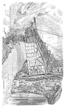 A drawing of a wooden tower leaning against a stone wall. Soldiers are climbing the tower towards fighting on the ramparts.