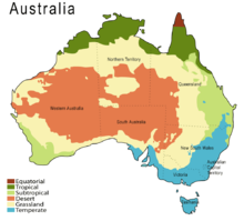 Australia divided into different colours indicating its climatic zones