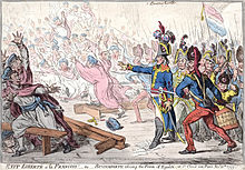 Cartoon with many men fleeing over upturned tables as Bonaparte stands raising his hand towards them and his soldiers advance with bayonets