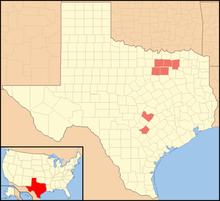 Map of Texas, with Collin, Travis, Dallas, Denton, Guadalupe, Tarrant and Hunt Counties colored in green.