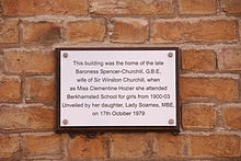 This building was the home of the late Baroness Spencer-Churchill, GBE, wife of Sir Winston Churchill, when as Miss Clementine Hozier she attended Berkhamsted School for Girls from 1900-03. Unveiled by her daughter, Lady Soames MBE, on 17th October 1979