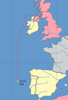 A map of the West Atlantic coastline of Europe from northern Britain to Morocco. The route taken by Convoy Faith as described in the article is marked in by a red line. The approximate location of the attack on the night of 11/12July 1943 is marked with a yellow dot.