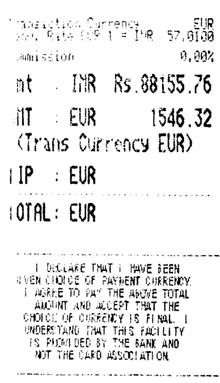 Part of a credit card receipt from 21.8.2010, indicating that DCC takes place