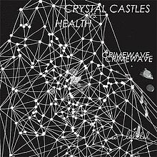 A black portrait of a webbed structure connected together by dots. In capital letters to the right top side of the portrait is the words 'Crystal Castles', 'vs' and 'Health'. The title 'Crimewave' is in shadowed capital font in the central right side of the portrait.