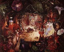 Fairy creatures having a banquet, surrounded by flowers and leaves.
