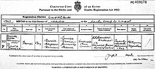 Harrison's birth certificate, with details filled in by hand, showing birthdate as "Twenty fifth February 1943"