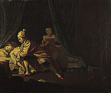 Painting showing a woman fainting as a man attacks her. She is in the light at the far left of the painting and her blouse is undone, exposing much of her bosom. Much of the rest of the painting, particularly the curtains on the bed, is done in dark tones, such as black and dark green.