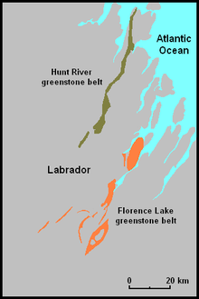 This is a map of the Hunt River and Florence Lake greenstone belts in Labrador, Canada.