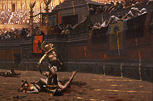 Several dead men and various scattered weapons are located in a large arena. Near the center of the image is a man wearing armor standing in the middle of an arena looking up at a large crowd. The man has his right foot on the throat of an injured man who is reaching towards the crowd. Members of the crowd are indicating a "thumbs down" gesture. The arena is adorned with marble, columns, flags, and statues.
