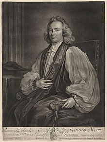 Mezzotint portrait of a seated man in flowing vestments and long wavy hair. He is about 50 years old and with receding hairline and a calm expression on his roundish face. His left hand holds the armrest of his chair, and his right holds a fold of one of his robes on his chest.