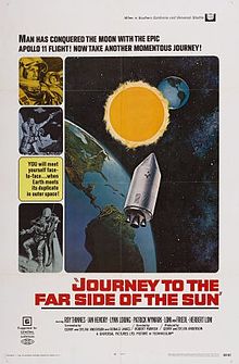A bold title at the base of the image reads "Journey to the Far Side of the Sun". An image above it depicts two Earths in space, spread apart with the Sun in between, and a spacecraft travelling from one of the planets to its counterpart. Figures in space suits line images to the left of the main picture.