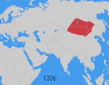 Map of the Asian continent, with an animated graphic showing the spread of the Mongol Empire from a small area in Central Asia, to eventually encompass most of the continent, from the eastern coast all the way to the Mediterranean