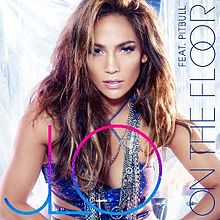 A portrait like a shower and the woman. Of the rainbow-colour is 'JLO' and blue word is 'ON THE FLOOR FEAT. PITBULL'