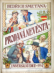 Brightly illustrated cover of a Czech edition of the "Prodaná Nevěsta" score, published around 1919, depicting several of the opera's leading characters