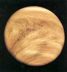 Cloud structure in Venus' atmosphere in 1979, revealed by ultraviolet observations by Pioneer Venus Orbiter. The characteristic V-shape of the clouds is due to the higher wind speed around the equator.