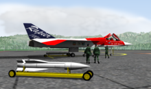 Artist's impression of red, white and blue jet aircraft parked on ramp, with white missile in the foreground.