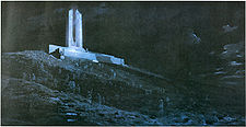 A crowd of dark and ghostly soldiers are scattered on a hill of churned ground, shell holes and general battlefield detritus. A memorial, painted in white, is located at the top of the hill.