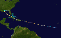 A map of a path across a portion of the Atlantic Ocean. The track starts near the Cape Verde Islands, and heads generally west-northwestward. South America is depicted on the lower-left side of the map.