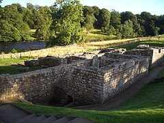 Roofless complex of stone walls, with trees and river in background