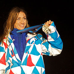 Anthonioz at a ceremony in Les Gets, honouring her return with the silver medal in snowboard cross