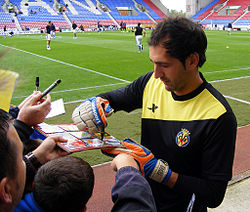Diego Lopez autograph signing, Wigan Athletic v Villarreal CF, 7 August 2011.jpg