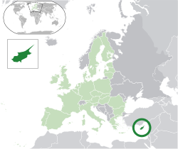 Location of  Cyprus  (dark green)– in Europe  (light green & dark grey)– in the European Union  (light green)  —  [Legend]