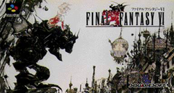 The Japanese cover of Final Fantasy VI, showing a blond woman riding a mechanical device next to a city