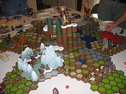 A six-man game of Heroscape using multiple Master Sets and expansion sets.