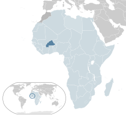 Location of  Burkina Faso  (dark blue)– in Africa  (light blue & dark grey)– in the African Union  (light blue)  —  [Legend]