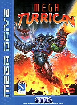 Artwork of a vertical rectangular box. The left and bottom sides are covered by a blue ribbon that says, on top-left, "Mega Drive," and on the bottom, "Sega." The rest of the box consists of a painting depicting a soldier wearing a futuristic armor and firing a gun. On the topside of this painting it says, "Mega Turrican." And on the bottom, at each side, appear the logos of Sony Electronic Publishing and Data East.
