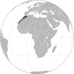 The fully green area shows the internationally recognized territory of Morocco. The striped area is the disputed territory of Western Sahara; Morocco administers most of this territory as its de facto Southern Provinces.