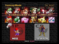 Atop the image are the words "Training Mode", and two rows with six characters each to select. Player 1 selected Ness, a boy wearing a striped shirt, blue pants and a baseball cap, while Player 2 selected Captain Falcon, a man in a purple body suit wearing yellow gloves and boots and a red helmet.