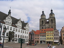 Market square, with ancient town hall, statue of Martin Luther and Stadtkirche