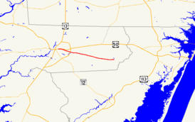 A map of eastern Wicomico County, Maryland showing major roads.  Maryland Route 350 runs from Salisbury east to Powellville.