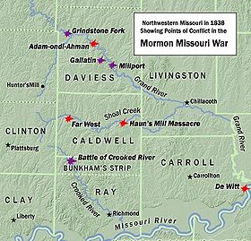 A map of Northwestern Missouri in 1838, showing points of conflict in the Mormon War.