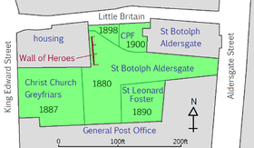 An irregularly shaped tract of land, approximately 300ft west-to-east and 200ft north-to-south is set in a rectangle formed on three sides by streets. To the west is King Edward Street; to the north is Little Britain; to the east is Aldersgate Street; to the south is a large building occupying the entire southern edge of the park, labelled "General Post Office". The northwestern part of the rectangle is occupied by housing, and the northeast part is occupied by St Botolph's Aldersgate church. The remainder of the land is parkland; the western portion is labelled Christ Church Greyfriars, a small square to the south adjacent to the Post Office but not touching any of the streets is labelled St Leonard, Foster Lane. A triangular shape at the northern edge is labelled CPF, with the western half marked "1898" and the eastern half marked "1900". The remainder of the land is occupied by an irregular shape labelled "St Botolph's Aldersgate". Immediately south of the western half of the CPF triangle, parallel to the eastern end of the section marked "housing", is a wall roughly 50ft long, labelled "Wall of Heroes".