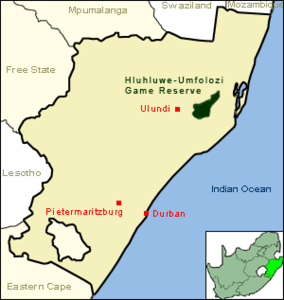 Map showing the location of Hluhluwe-iMfolozi Game Reserve